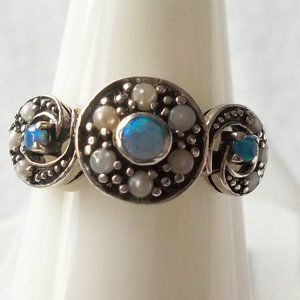 A blue opal gemstone ring, size 6.5 US, 925 silver, trilogy ring.